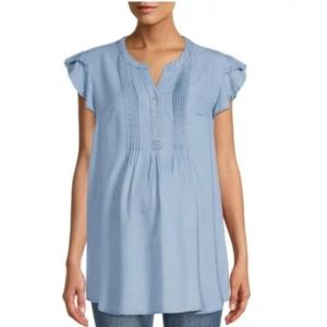 Time And Tru • Women's Maternity Pintuck Flutter Sleeves Light Wash Denim Top
